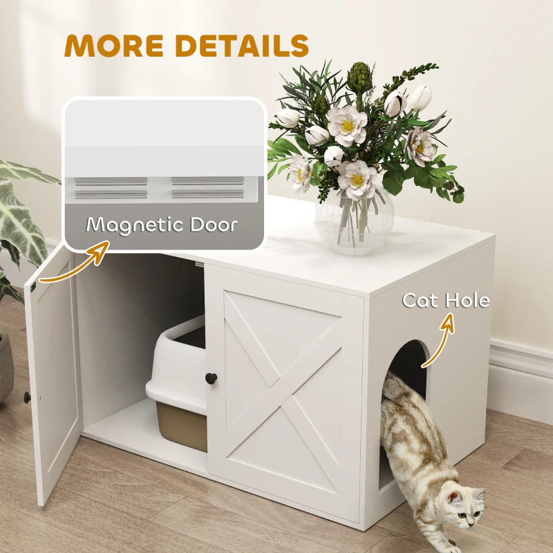 Pet Houses & Cages White Cat Litter Box Enclosure with Barn Door & Cat Hole