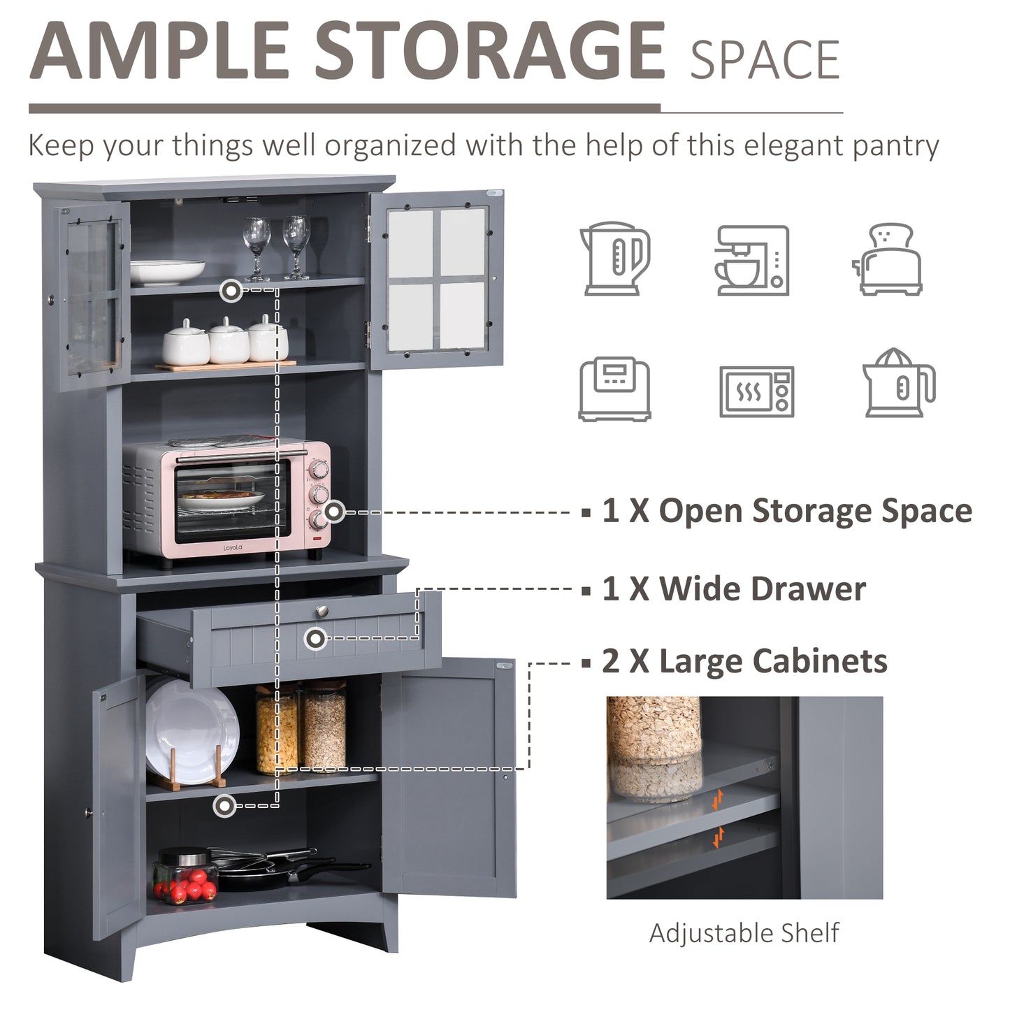 Elegant Kitchen Pantry Storage Cabinet with Hutch - Gray