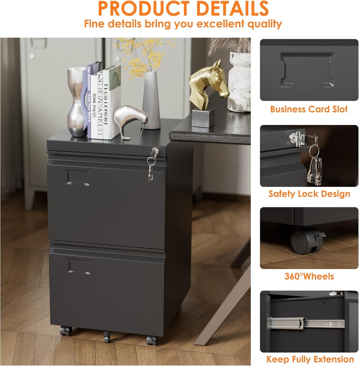 2-Drawer Mobile File Cabinet with Lock - Black Metal Storage