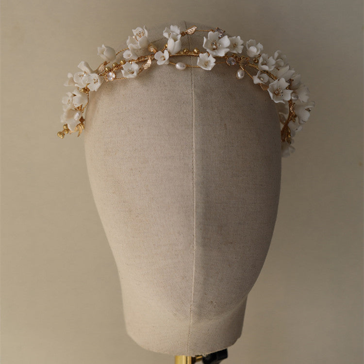Ceramic Cherry Blossom Pearl Hair Hoop - Bridal Hair Accessory