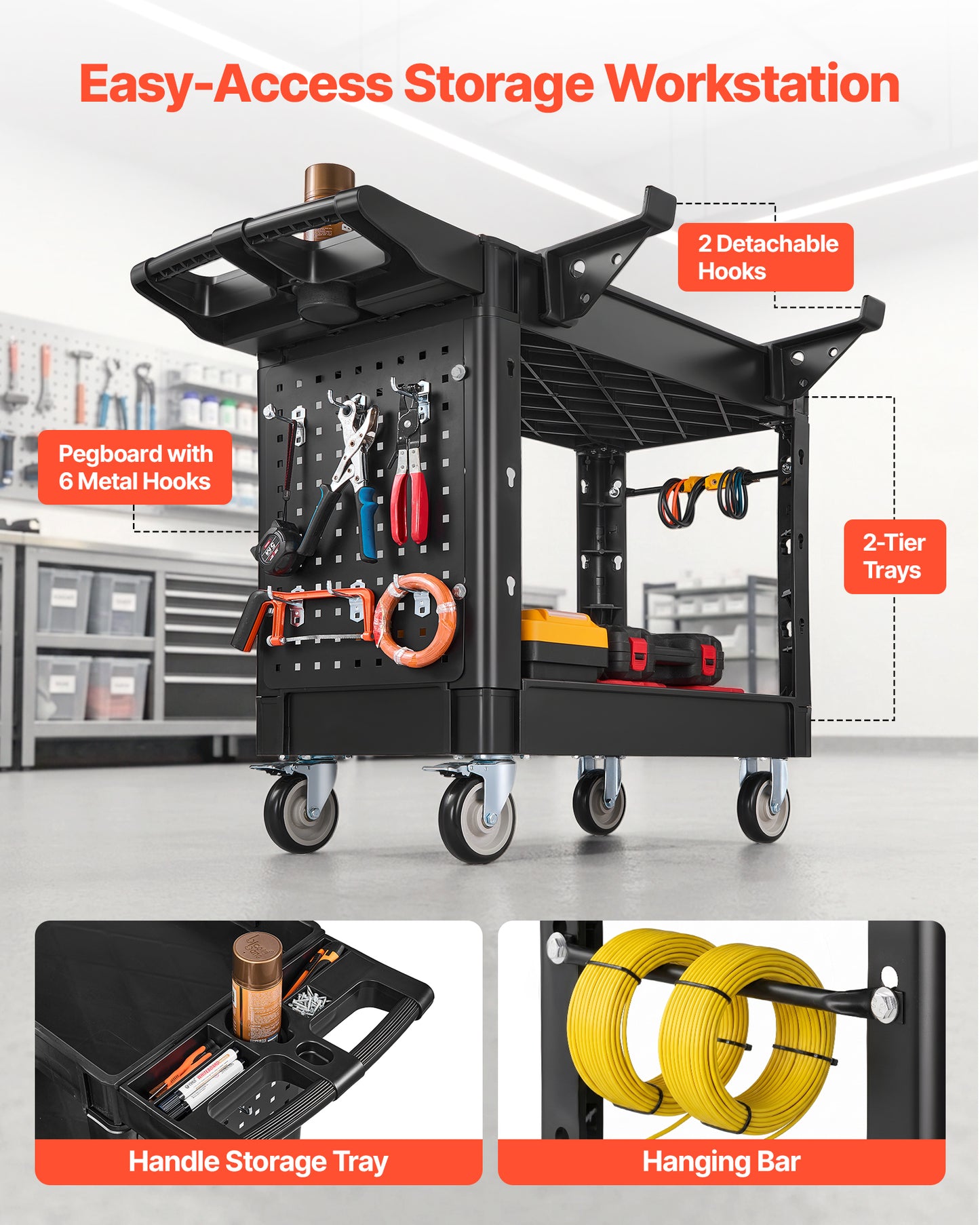 Heavy Duty Utility Cart 550 Lbs Capacity 2-Tier Rolling Service Cart with Swivel & Fixed Wheels