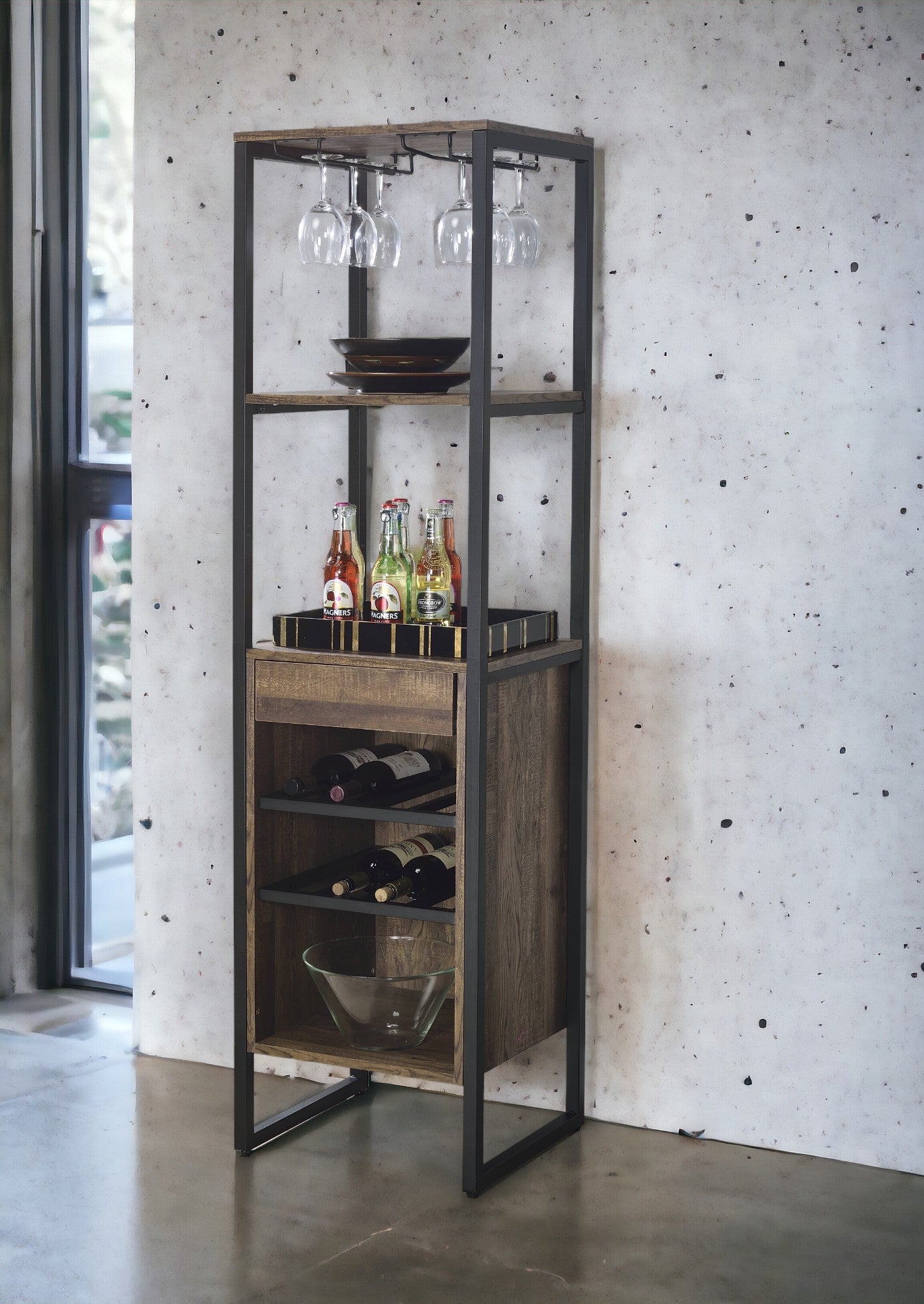 Narik Weathered Oak Finish Wine Rack with Storage Drawers