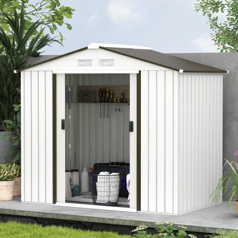 Garden Storage Shed with Double Sliding Doors & Vents - White, 7x4 ft