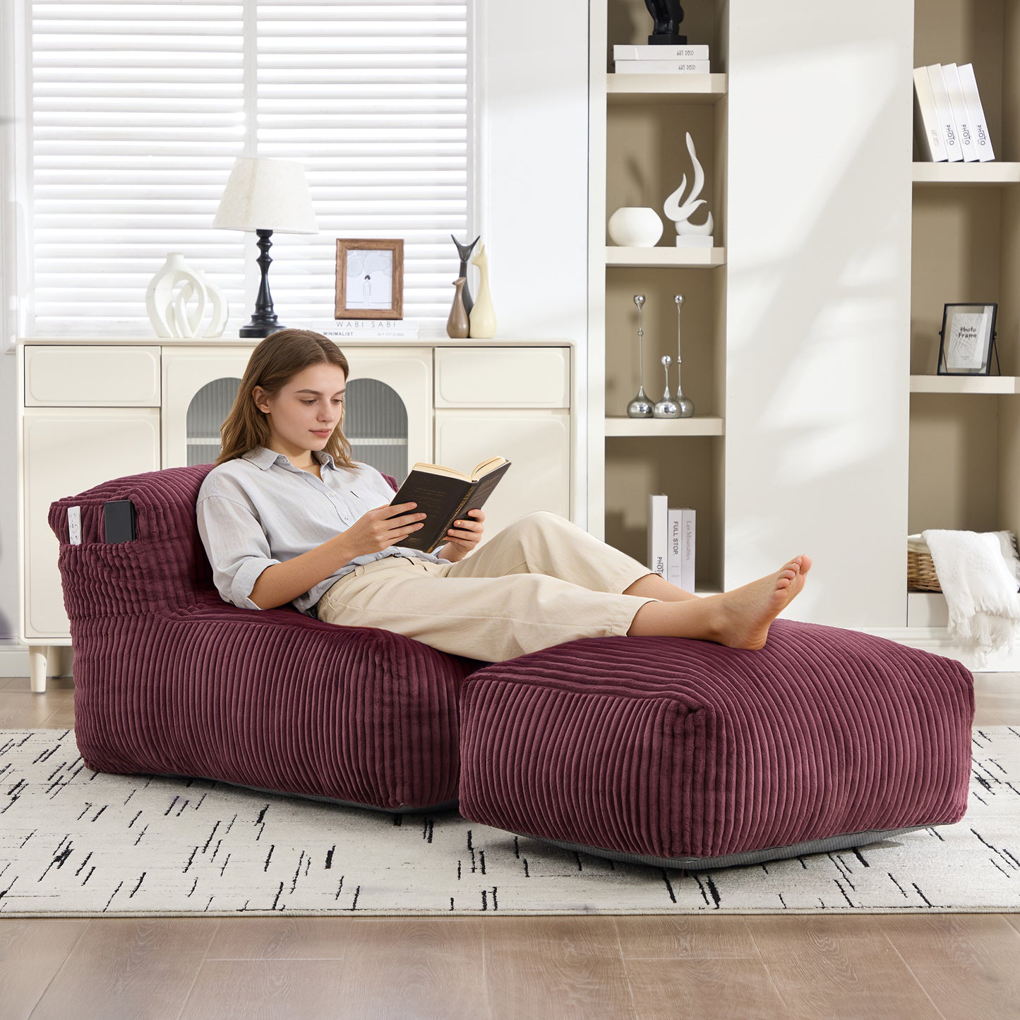 Big Bean Bag Chair for Adults - Comfy Memory Foam Lounger with Ottoman - Wine Red