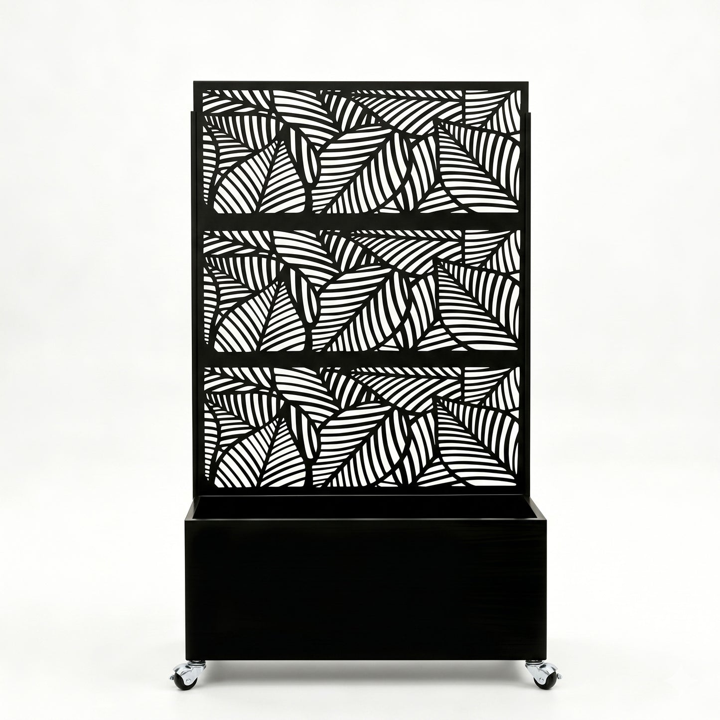 Leaf Pattern Privacy Screen with Planter Box - Black Metal