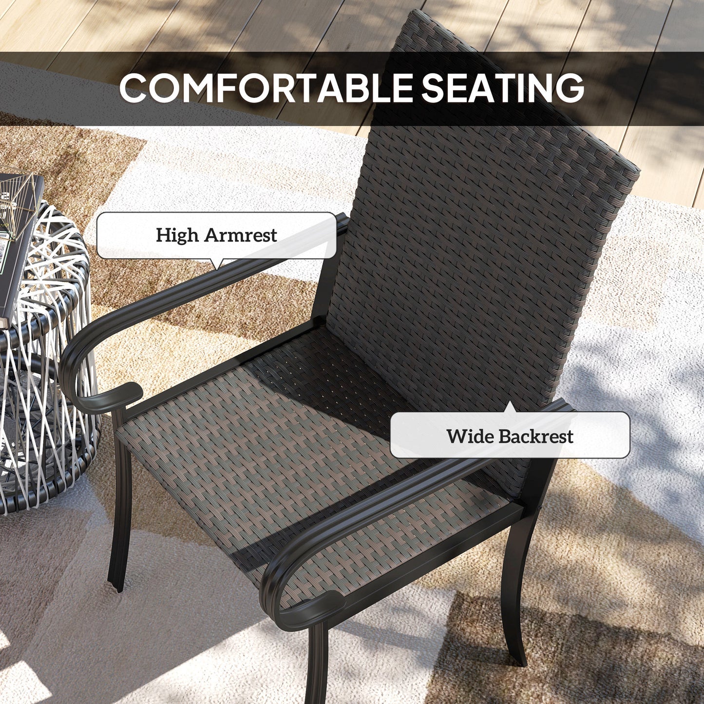 Set of 4 Brown Outdoor Wicker Dining Chairs with Armrests