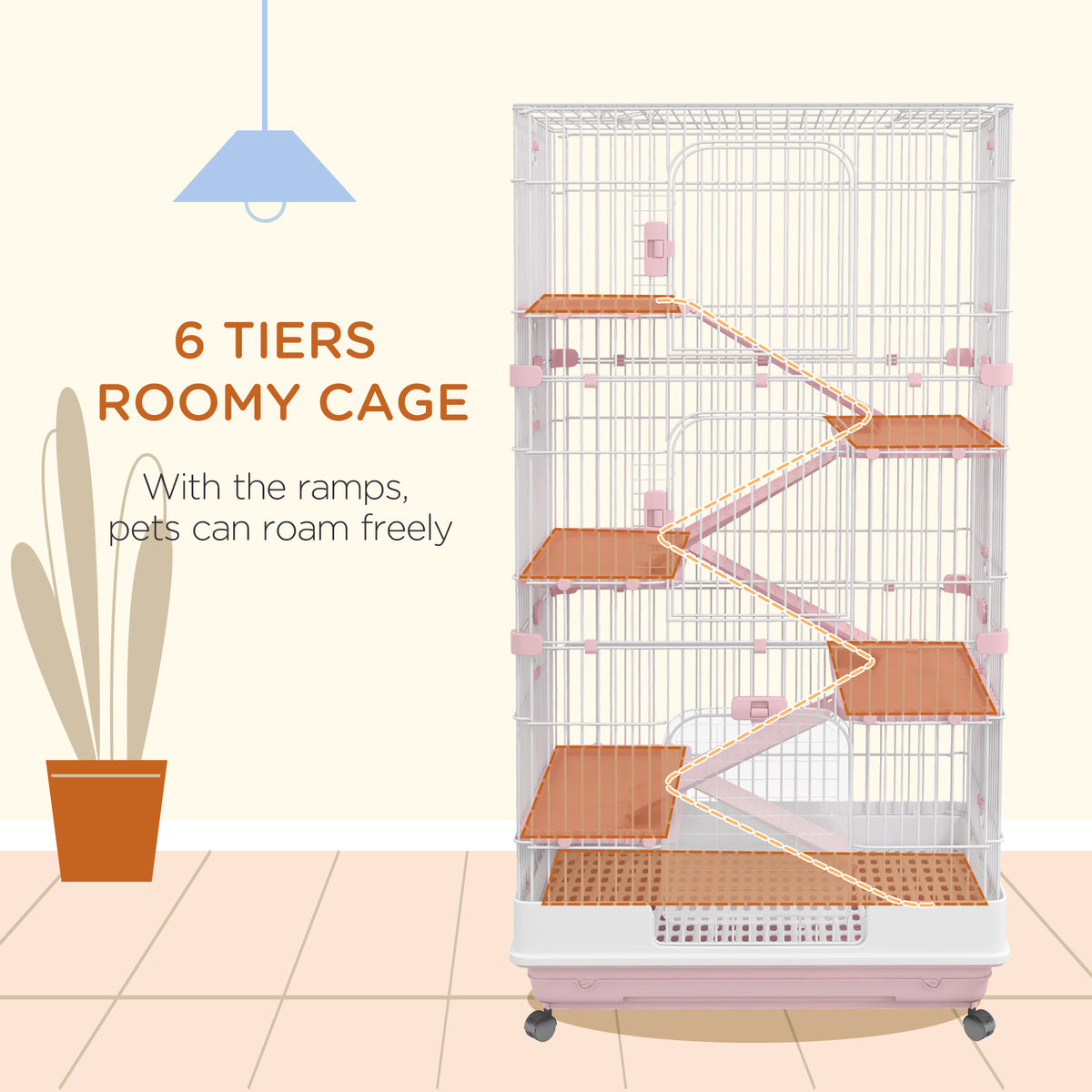 Small Animal Cage 32 Inch 6-Level Bunny Hutch with Lockable Wheels & Slide-Out Tray - Pink