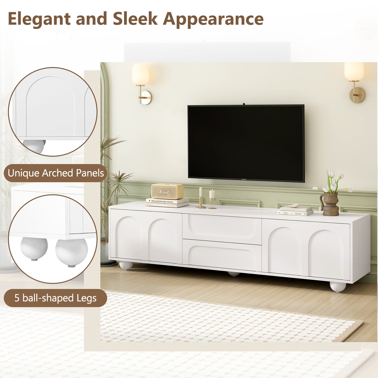 Cream Style TV Stand with Arched Doors & 2 Drawers for TVs Up to 75"