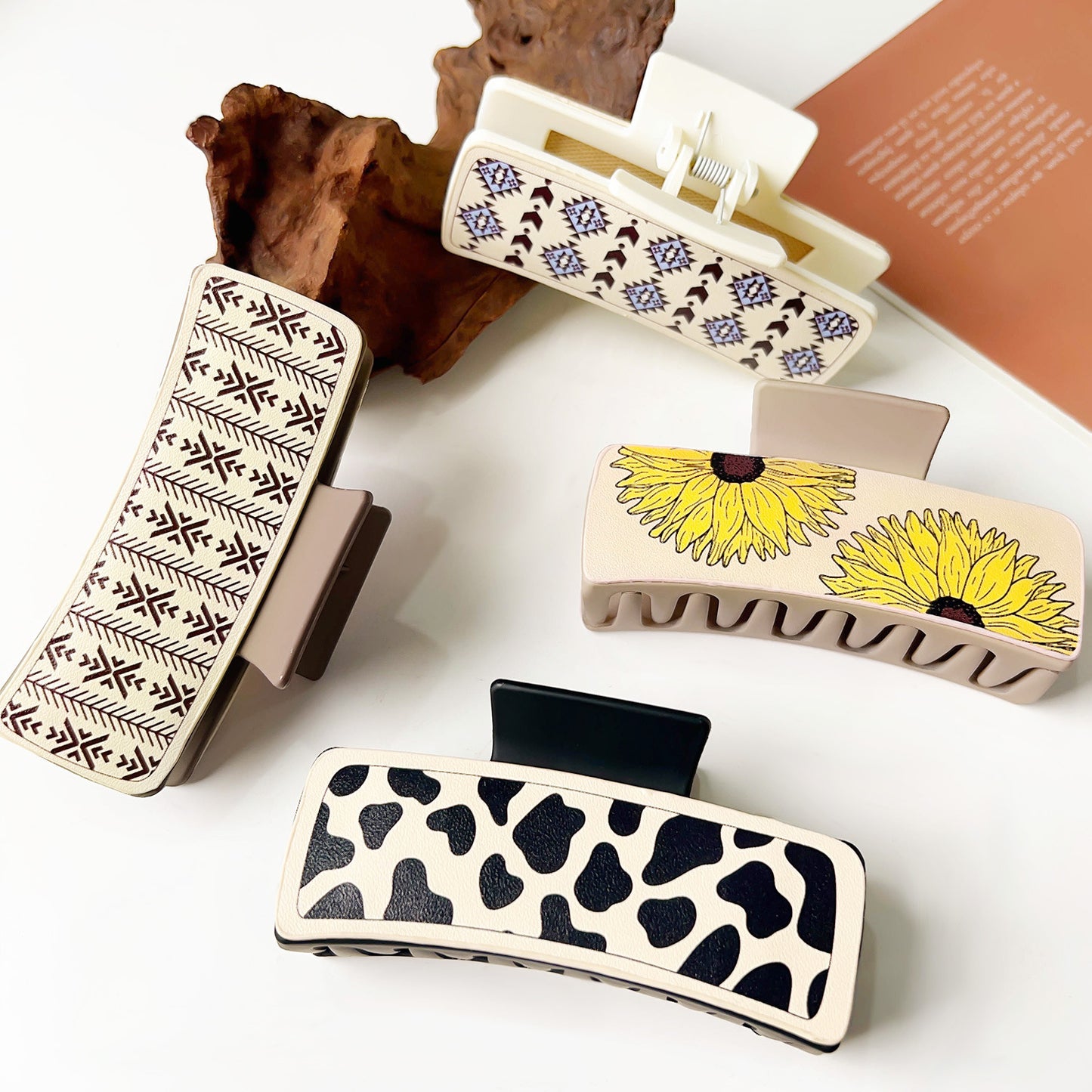 Western Denim Style Leather Hair Barrettes with Retro Printed Designs