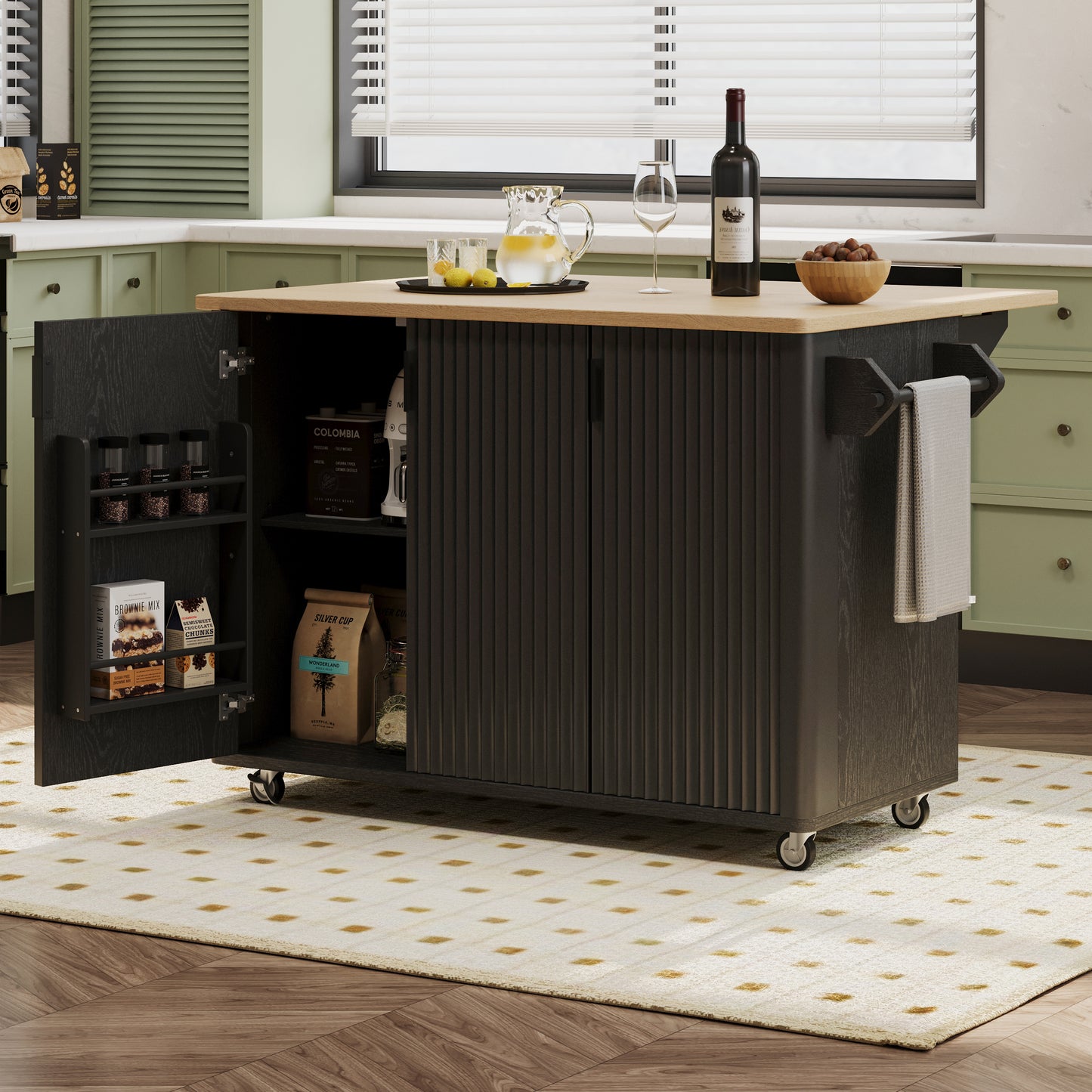 K&K 51 Fluted Kitchen Island With Drop Leaf, Farmhouse Accent On