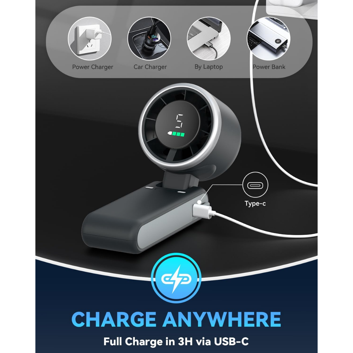 Portable Handheld USB-C Rechargeable Turbo Fan 5-Speed Cooling 12H Runtime