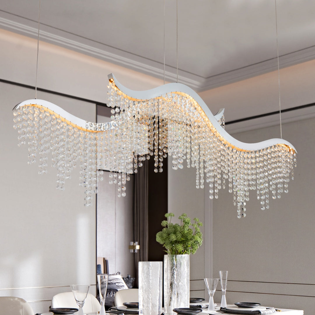 36-Inch Modern Wave LED Crystal Chandelier - Dimmable & Adjustable Height