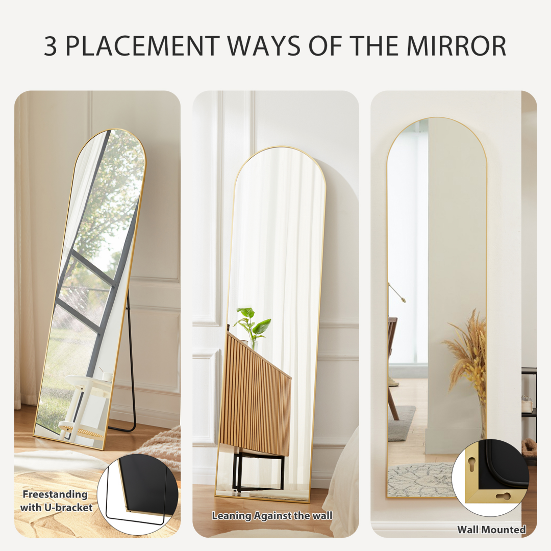 Full Length Standing Mirror - Gold Arch Design, 56x15 Inch