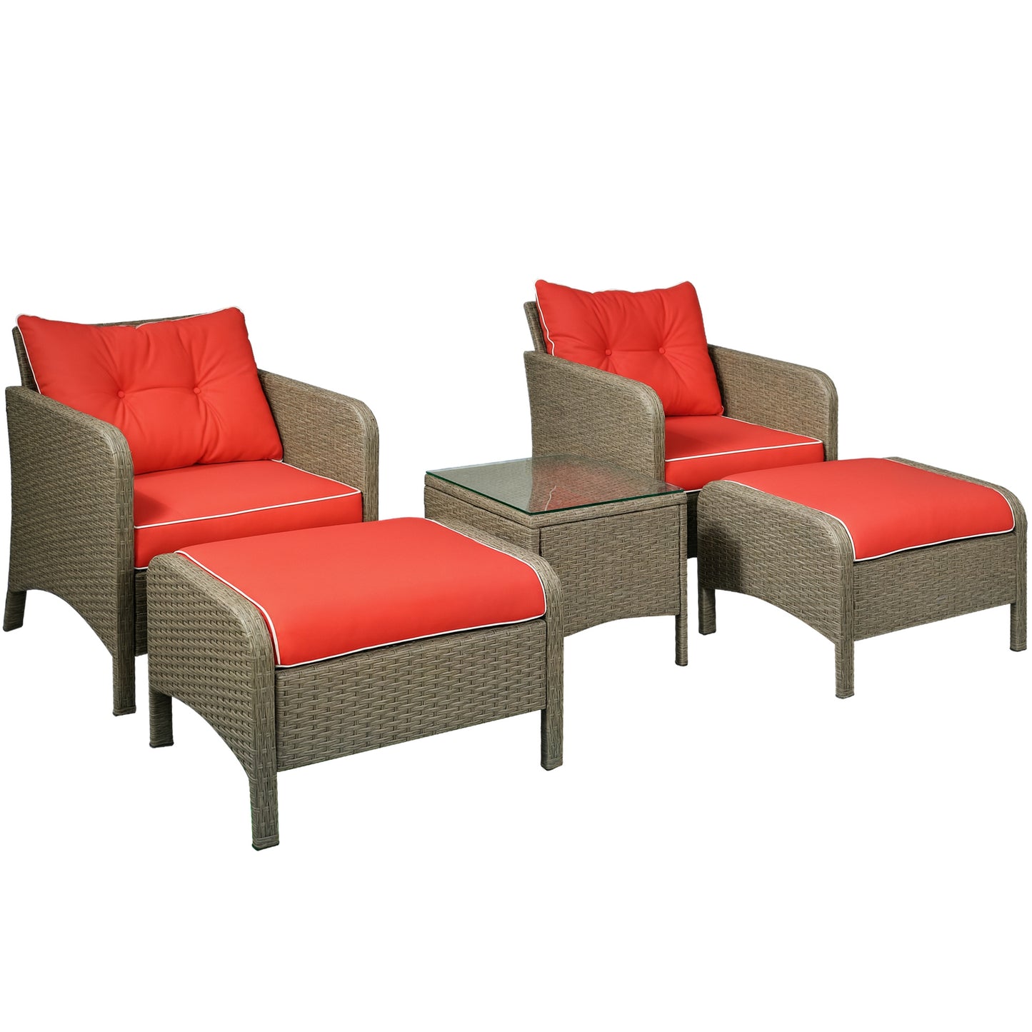 5-Piece Rattan Wicker Outdoor Lounge Chair Set with Cushions & Coffee Table - Brown/Red