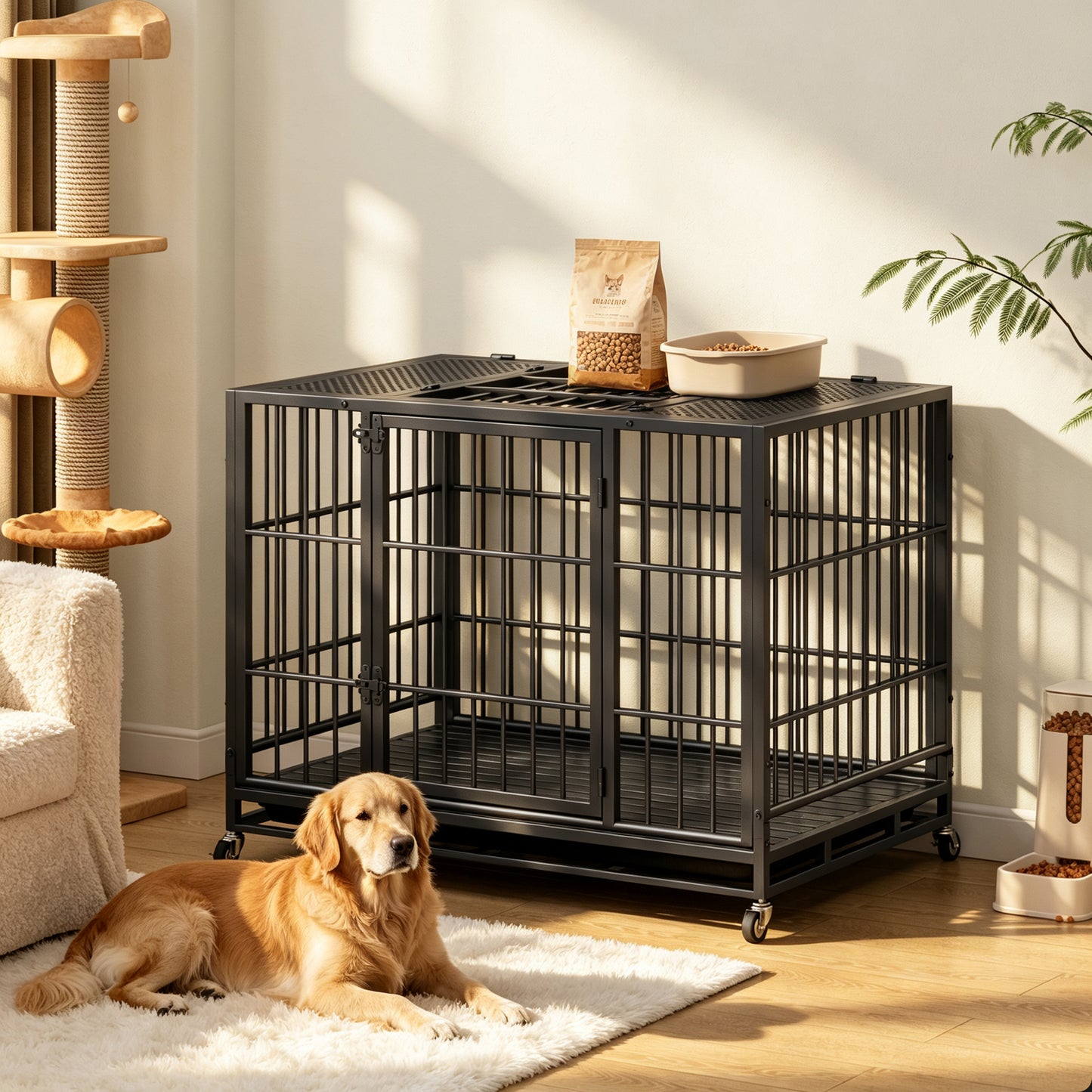 Heavy Duty Dog Crate with Lockable Wheels and Perforated Top, Indoor Outdoor Kennel