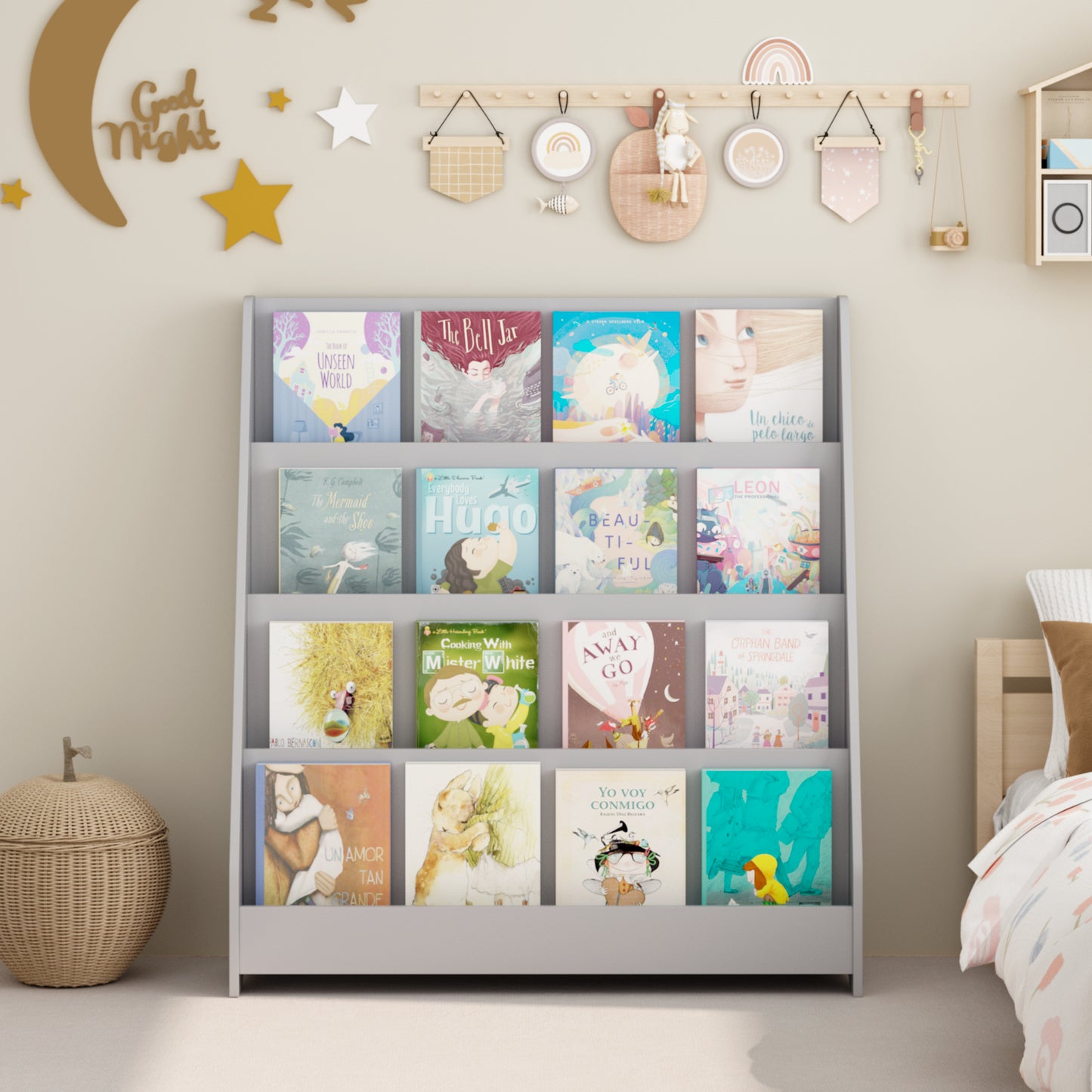 4-Tier Kids Bookshelf - Gray MDF Book Display for Bedrooms & Playrooms