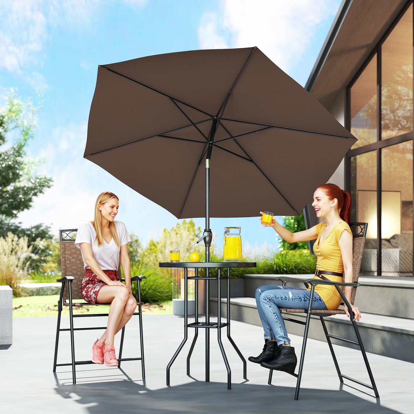 4-Piece Outdoor Bar Set with Umbrella and Folding Chairs - Brown