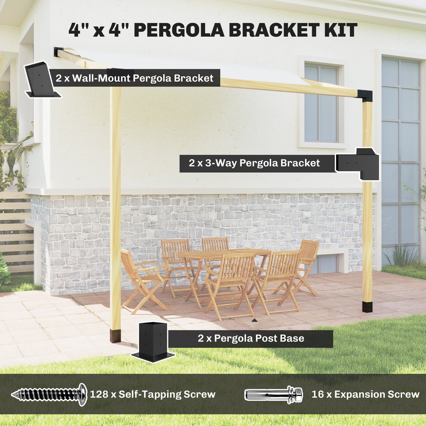 Slanted Pergola Bracket Kit with Post Bases & Wall Mounts - Black