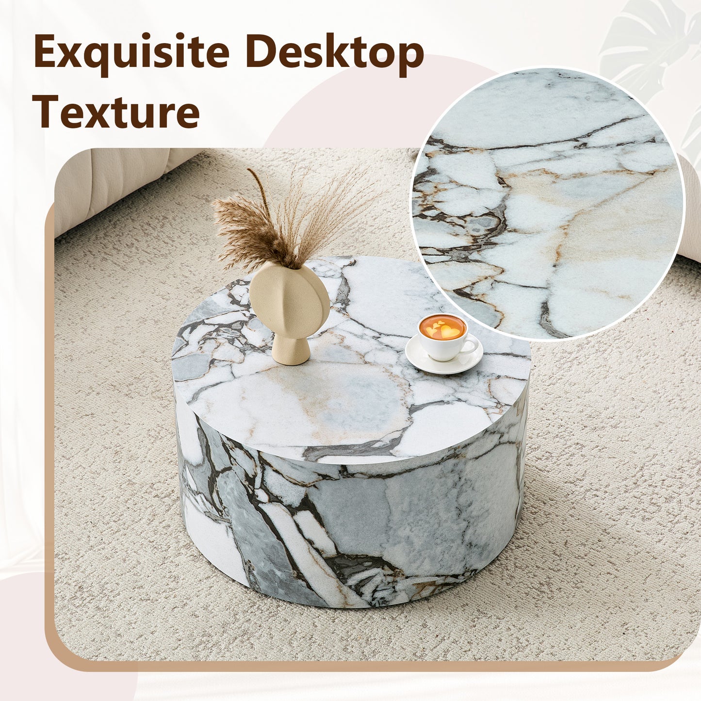 A Simple White Marble Textured Cylindrical Coffee Table, 23.6 Inches