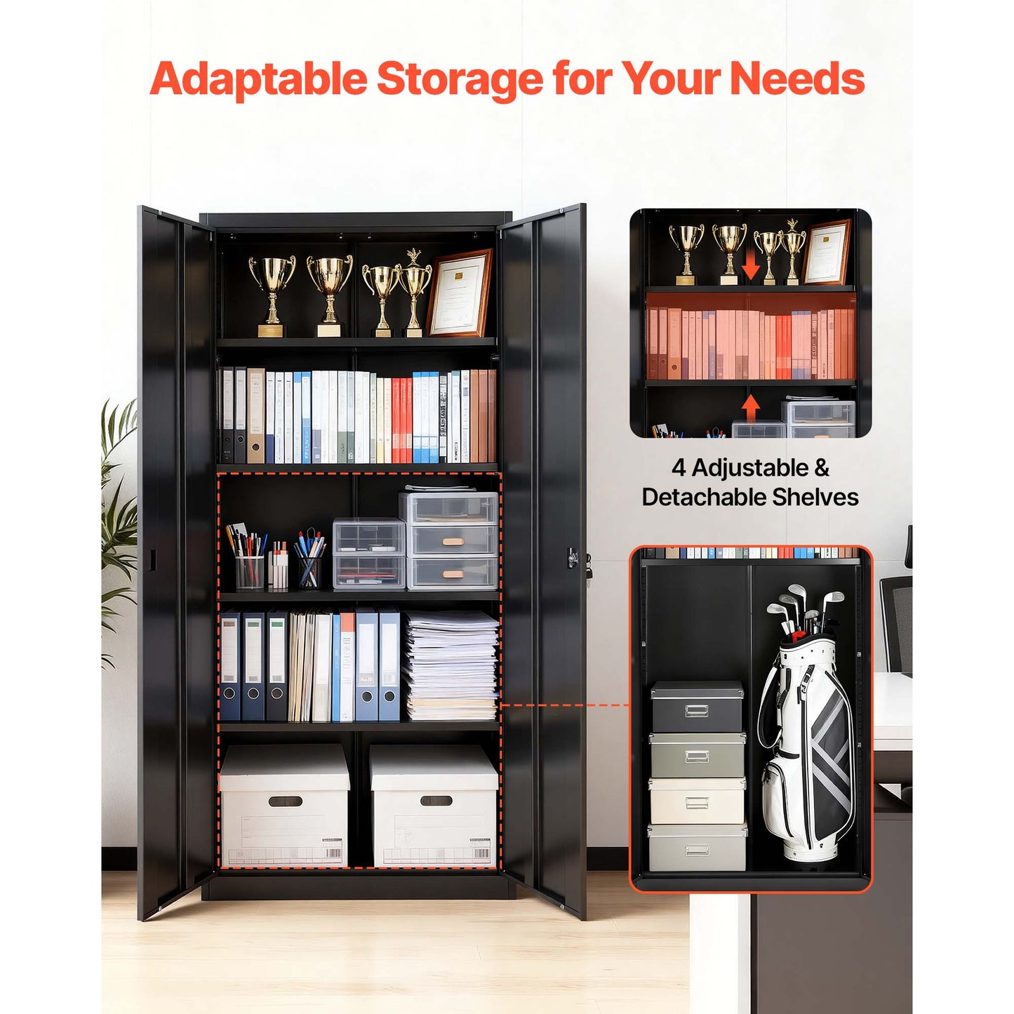 Lockable Metal Storage Cabinet with Adjustable Shelves for Garage, Warehouse, Office - Black, 68.9 Inches