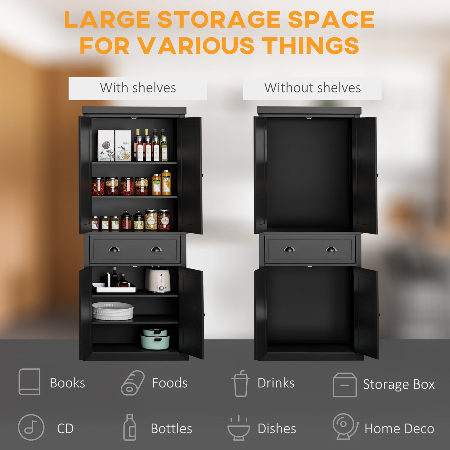 72.5" Freestanding Kitchen Cabinet with Doors & Shelves - Black
