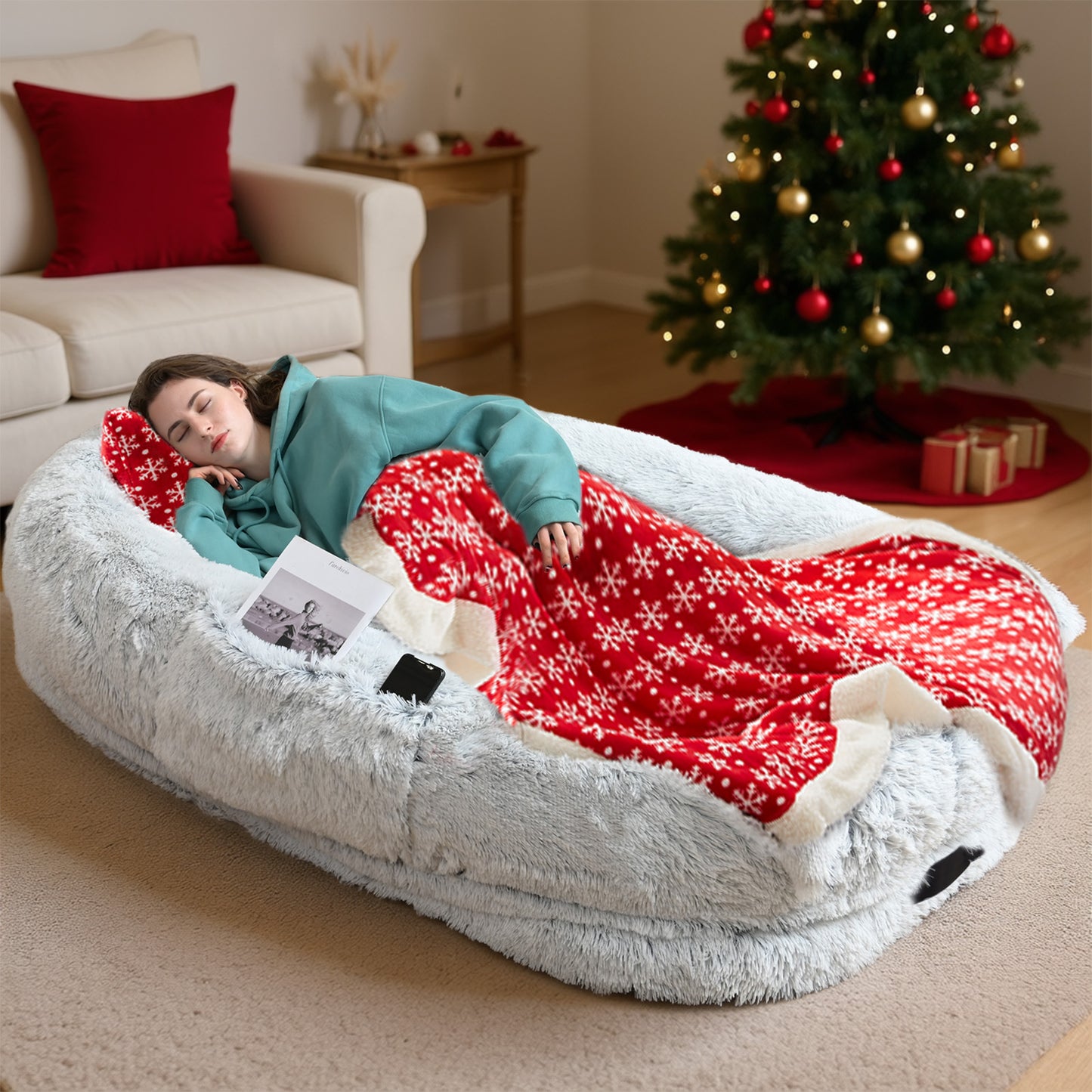 Oversized Human & Pet Dog Bed with Orthopedic Support - 71 x 45 Inch Faux Fur Lounger, Washable Cover, Pillow & Blanket Included