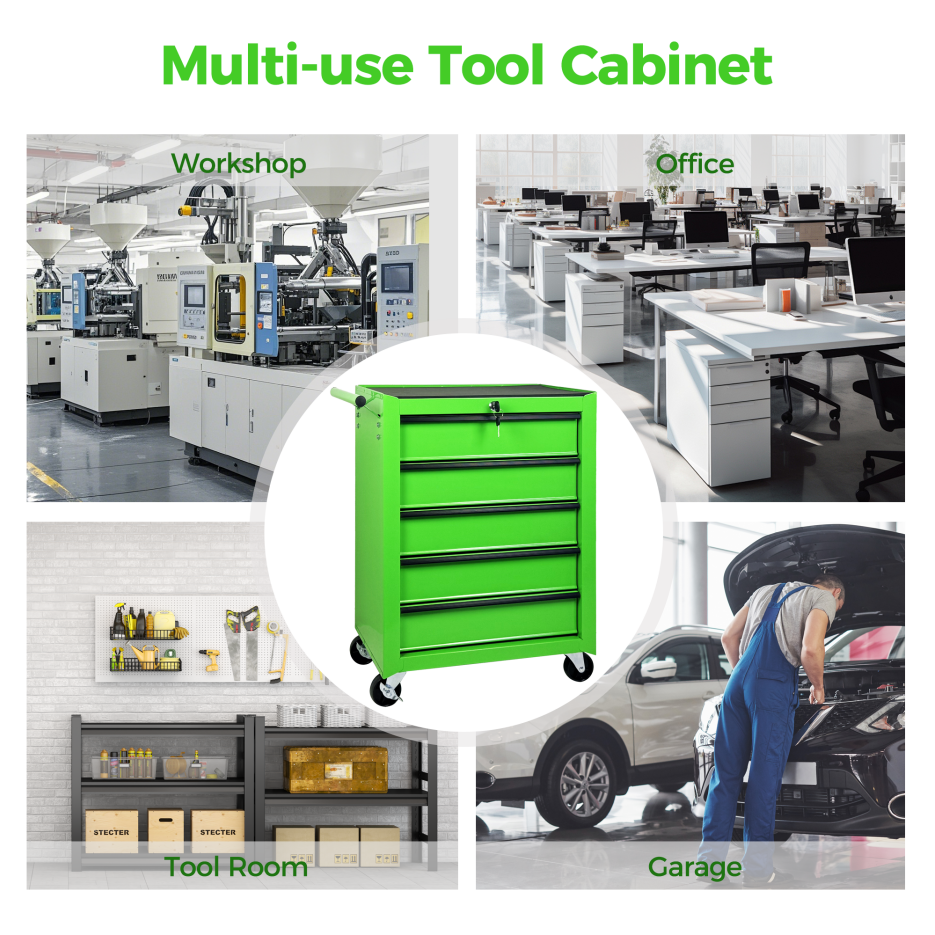 Rolling 5-Drawer Tool Chest - 20-Inch Steel Storage Organizer - Green