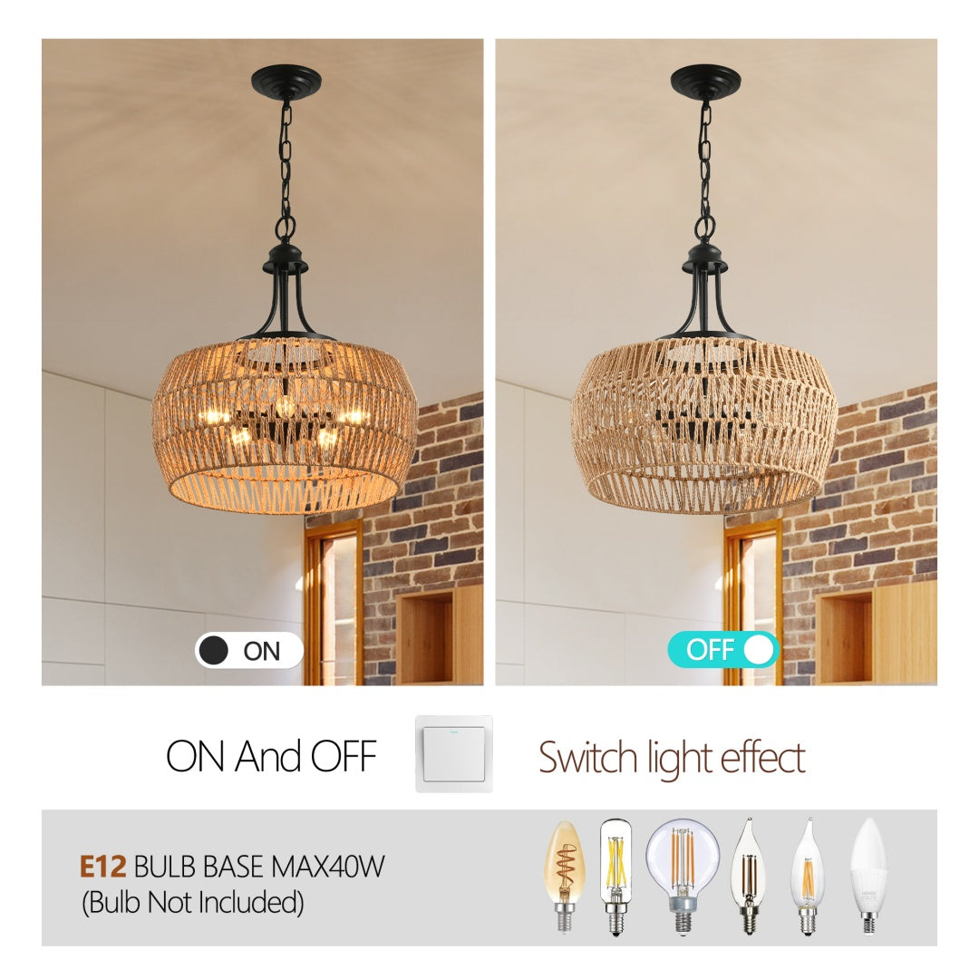Boho Hemp Rope Pendant Light - Hand-Woven Jute Ceiling Fixture