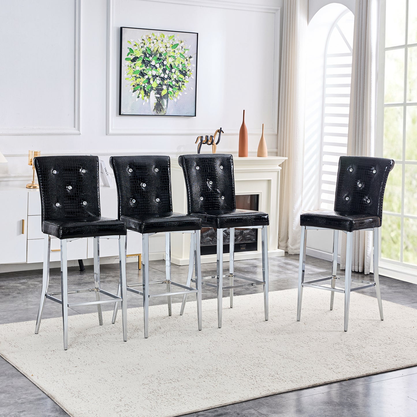 A Set Of 2 Black Vintage Crocodile Leather Bar Chairs, Featuring