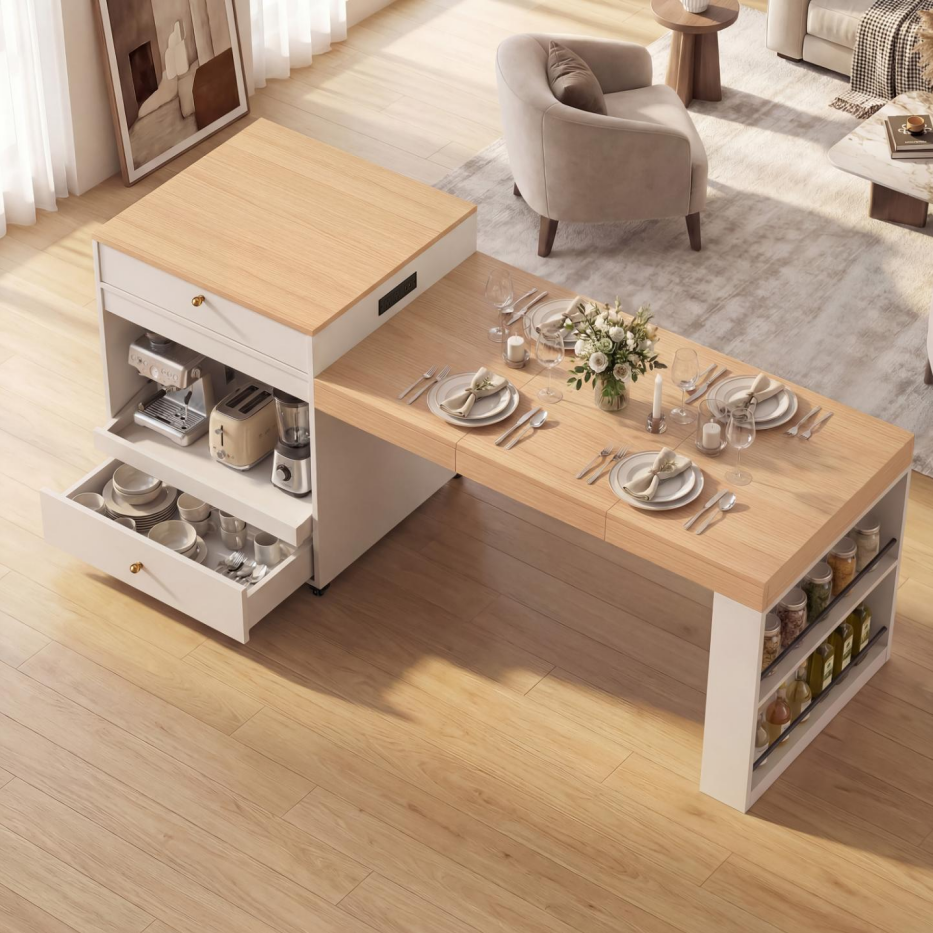 78.8" Rolling Kitchen Island with Extendable Dining Table - White