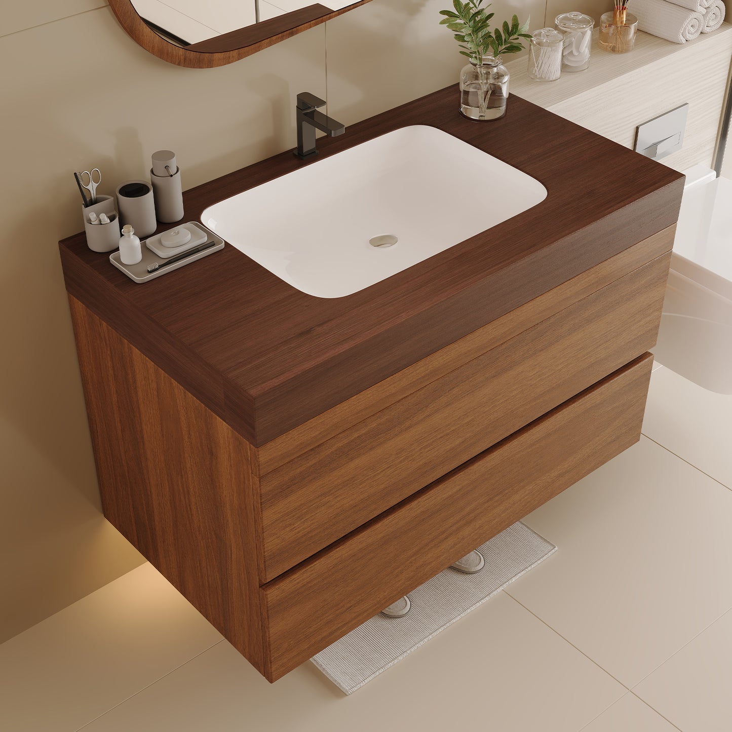 29.9" Modern Floating Bathroom Vanity with Faux Marble Top - Dark Brown Walnut