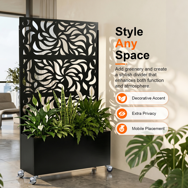 Outdoor Leaf Pattern Privacy Screen with Planter Box - Black Metal Freestanding Garden Fence