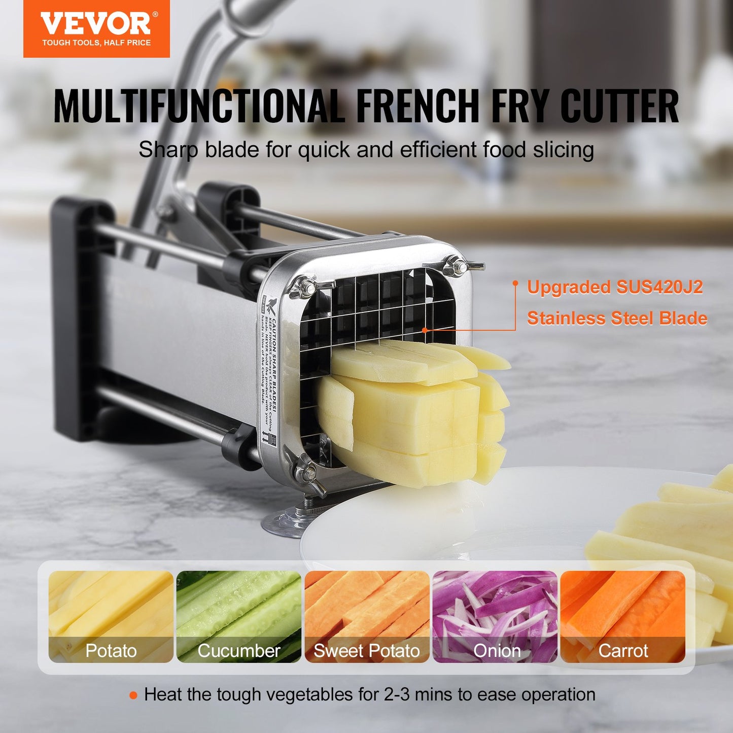 French Fry Cutter Stainless Steel Vegetable Slicer with 2 Blades - Multicolor