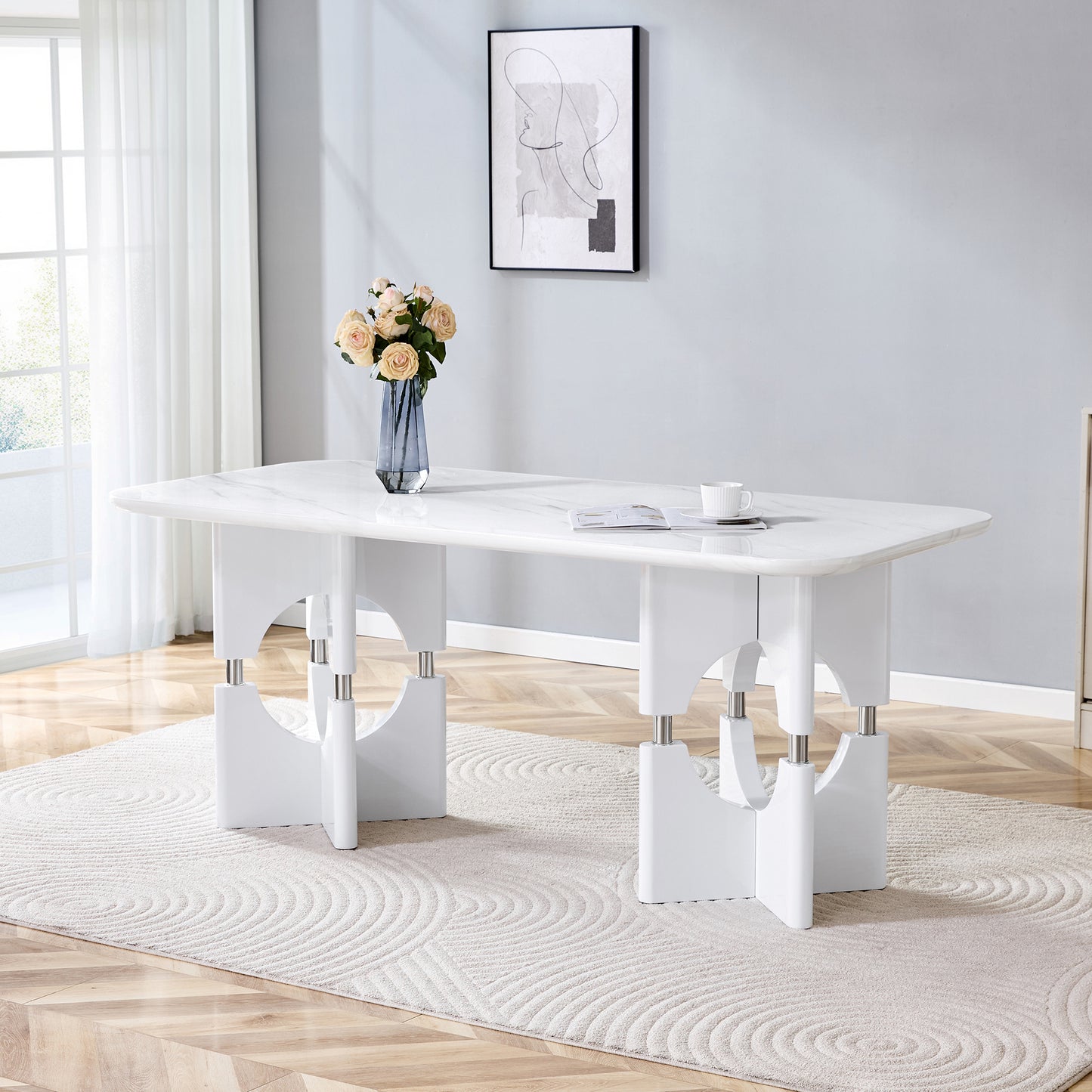 Modern White MDF Dining Table with Marble Pattern & Metal Frame