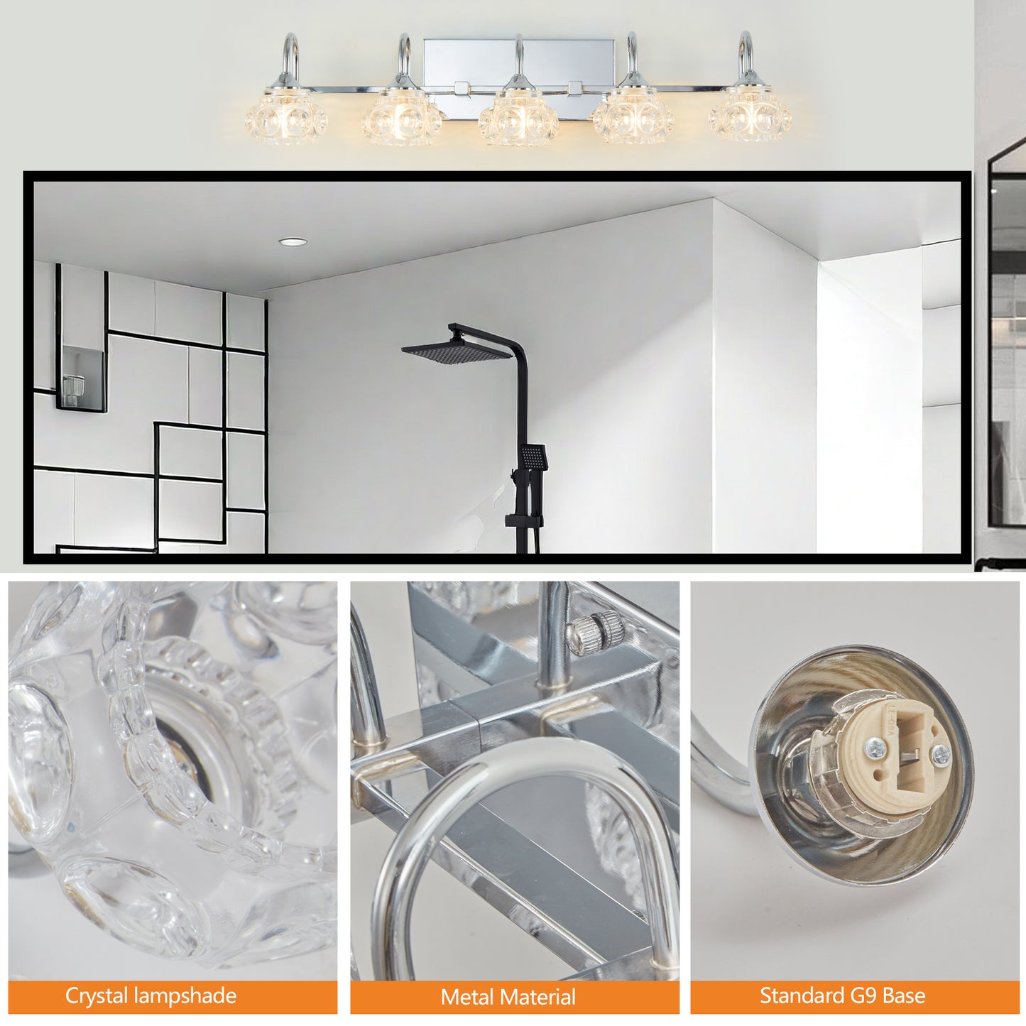 Nickel Finish Vintage Crystal Vanity Light - 5-Light Bathroom Fixture with Glass Shades
