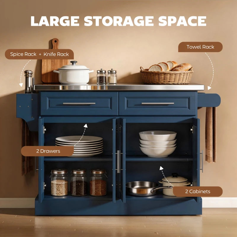 Rolling Kitchen Island with Stainless Steel Top - Navy Blue