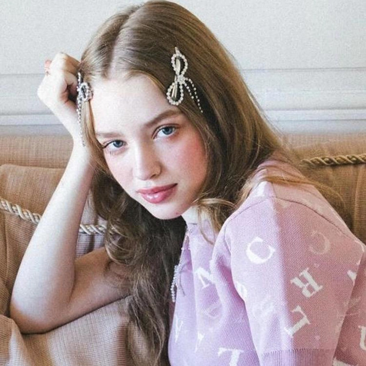 Silver Bow Barrettes with Rhinestone Tassel, Pair