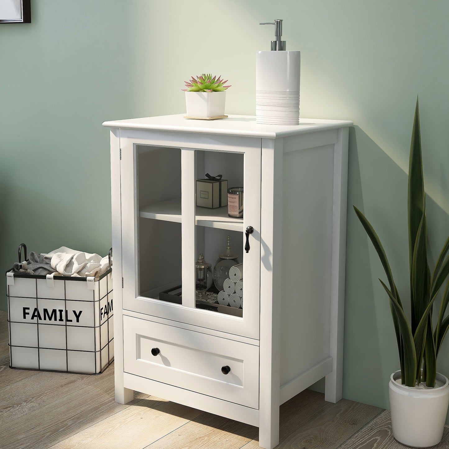 Buffet Storage Cabinet with Glass Doors & Bell Handle - White