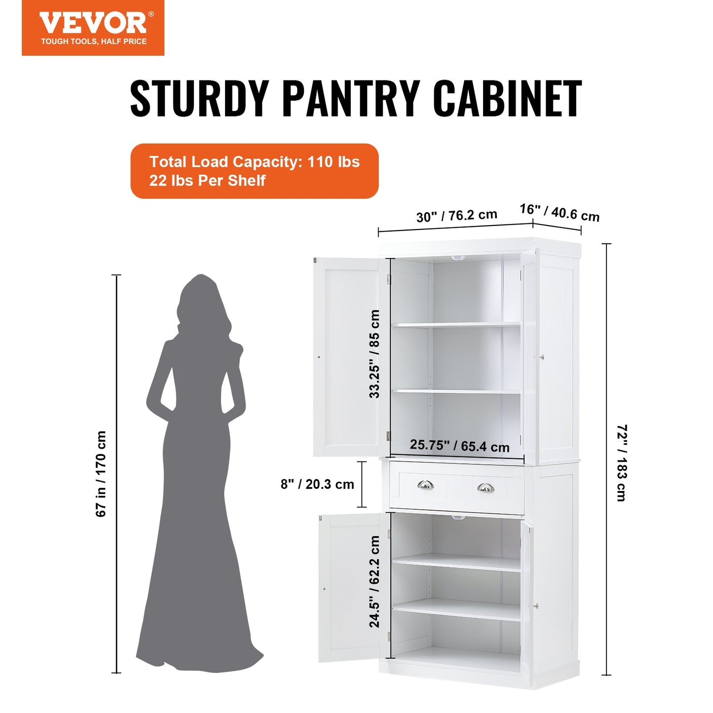 Freestanding Kitchen Pantry Storage Cabinet with Adjustable Shelves - White