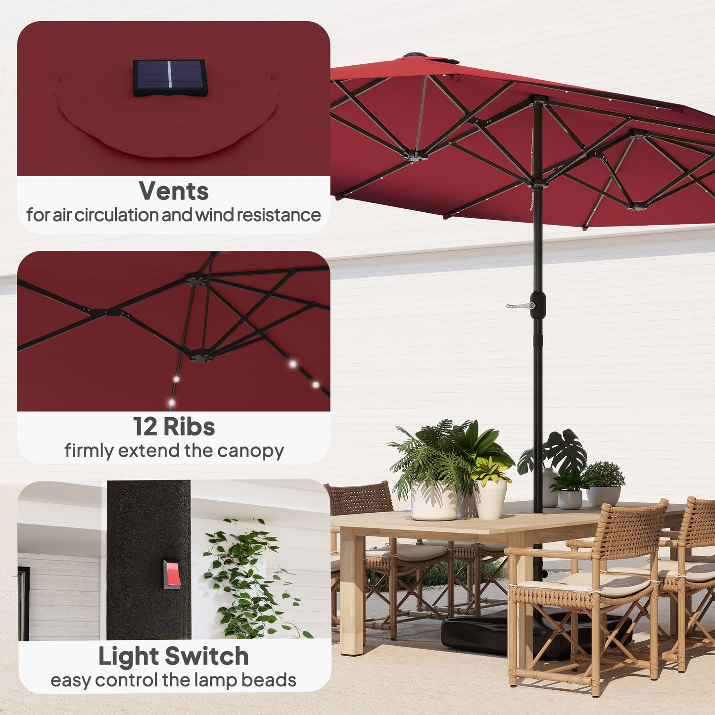 14.4ft Double-Sided Garden Parasol with LED Solar Lights - Wine Red