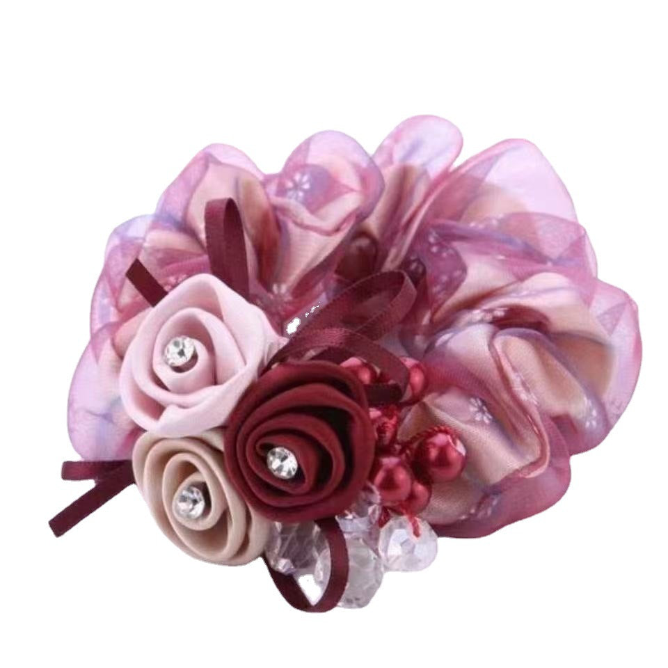 Large Intestine Flower Scrunchies with Rhinestones & Pearls – Hair Accessories for Women