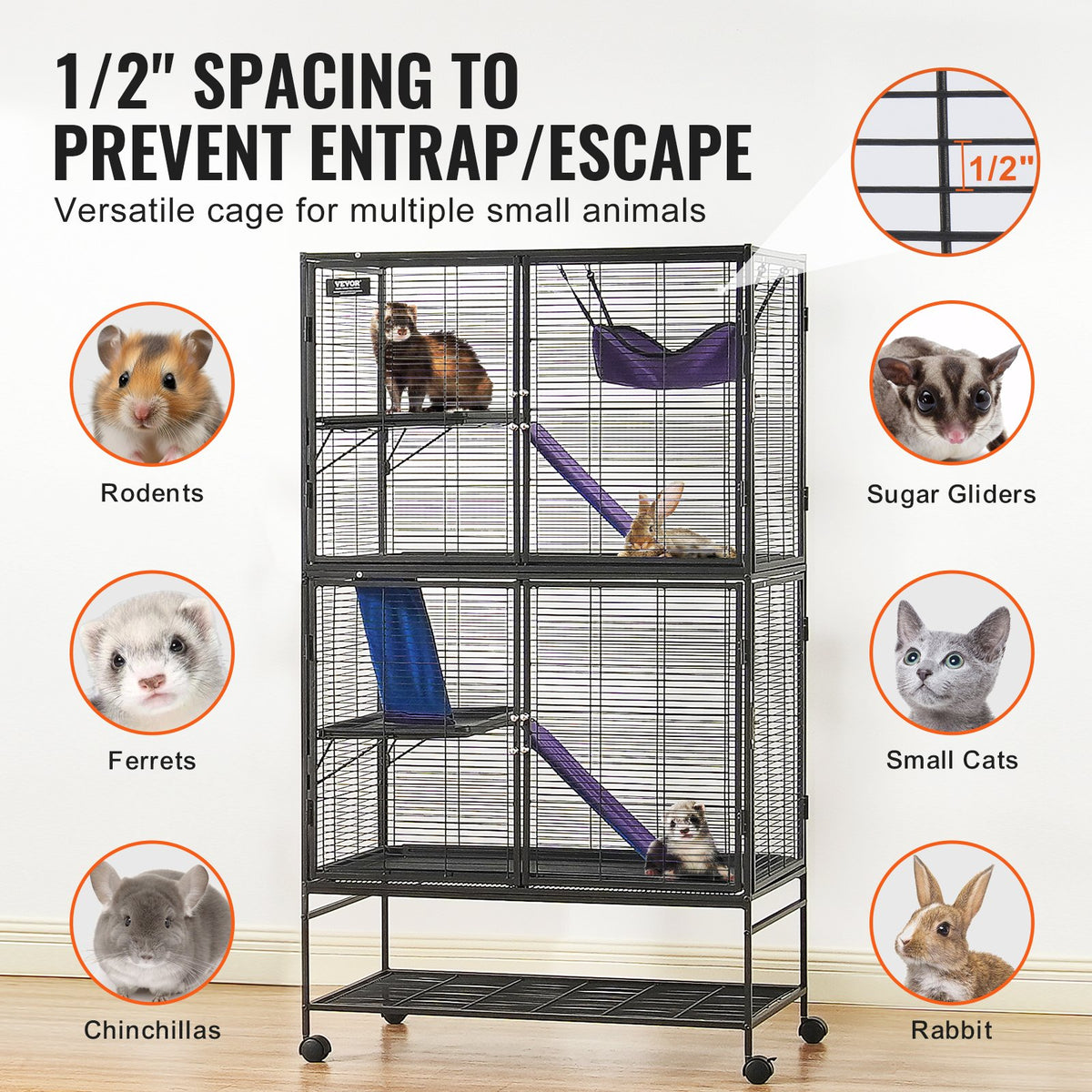 Small Animal Cage 4-Tier Metal Ferret Enclosure with Ramps and Tray - Black