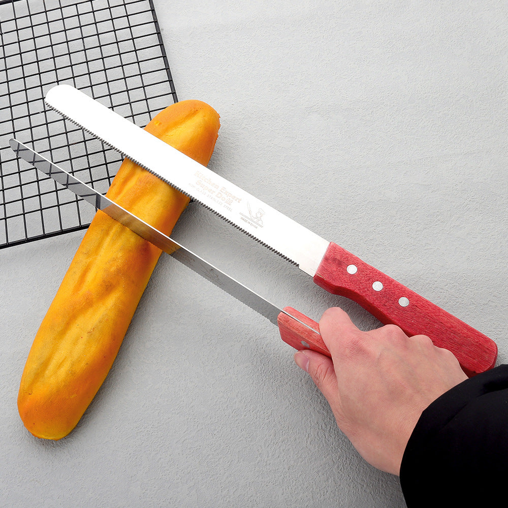 10-Inch Stainless Steel Bread Knife with Wooden Handle – Fine Teeth, Coarse Texture