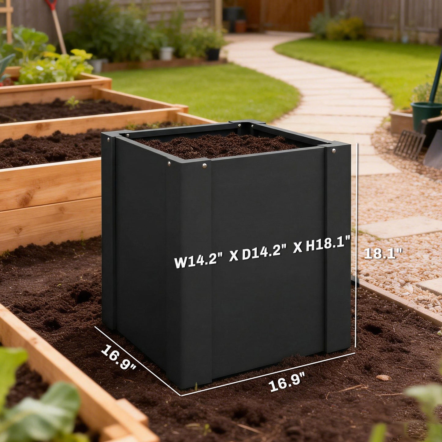 Galvanized Steel Raised Garden Bed with Gloves - Outdoor Planter Box 1.4x1.4x1.5 ft Black