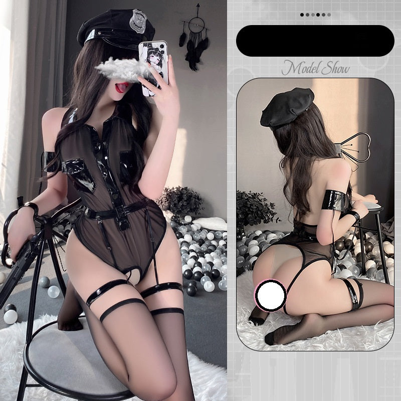 Women's Mesh Panel Patent Leather Jumpsuit - One Size Black