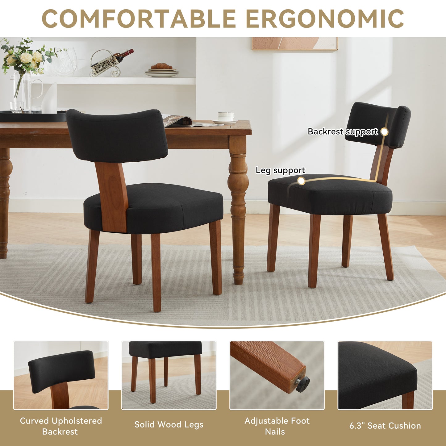 Modern Linen Fabric Dining Chairs - Set of 2, Black