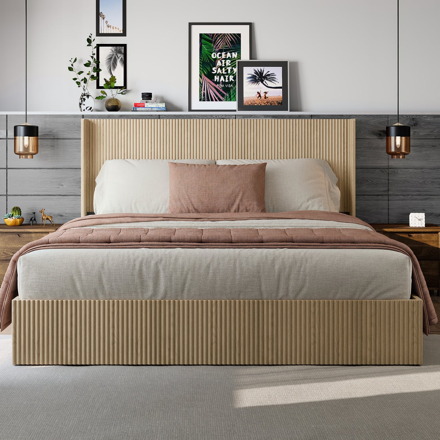 King Storage Bed Frame with Lifting Function - Oak Color