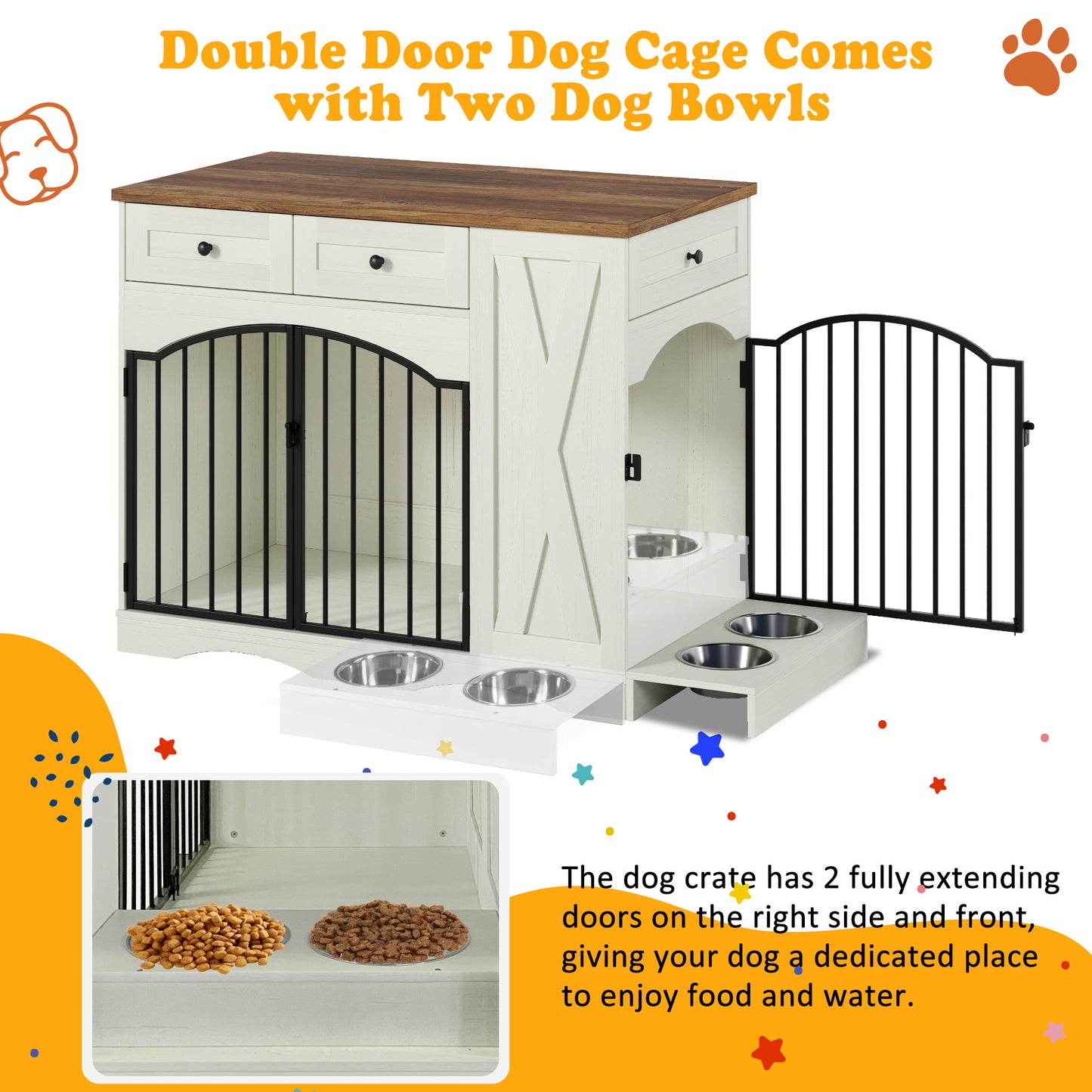 Farmhouse Dog Crate Furniture with 3 Drawers - Beige Brown