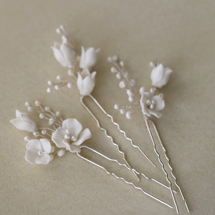 Ceramic Flower Hair Fork Set for Bridal Hair Accessories - Gold & Silver