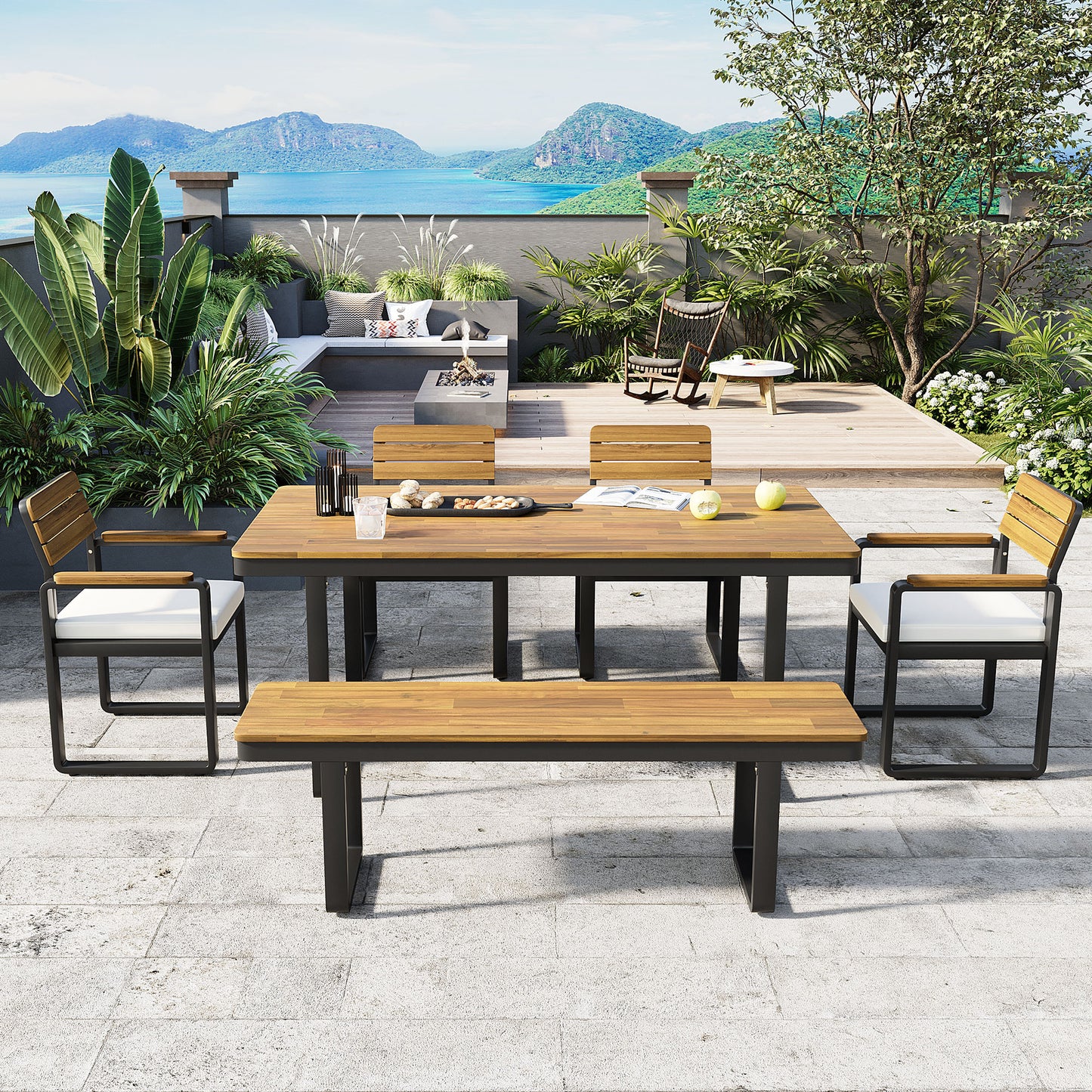6-Piece Outdoor Dining Set, Acacia Wood, 1 Table With 4 Chairs &